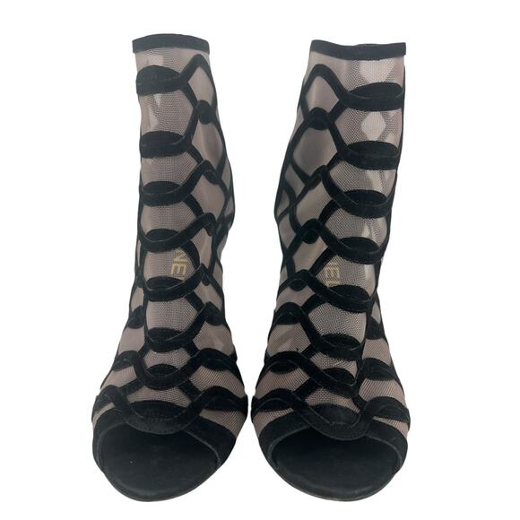Chanel 2018 Black Suede Mesh Peep Toe CC Logo Ankle Boots - Picture 9 of 16